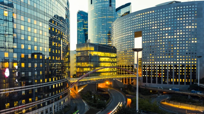 office buildings evening lighting roads