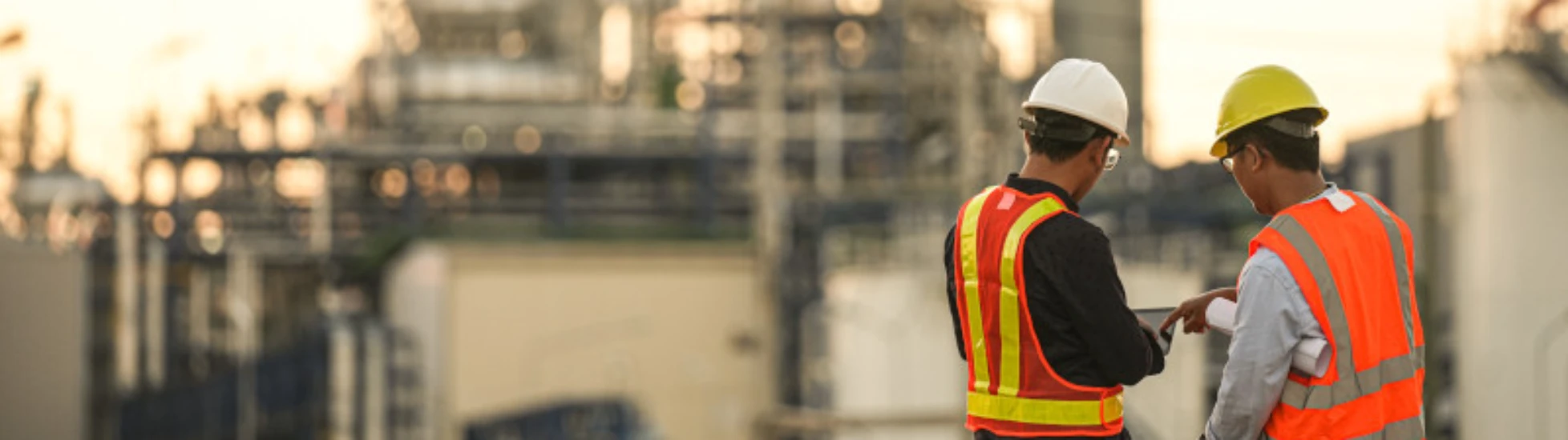Two workers in front of a chemical plant