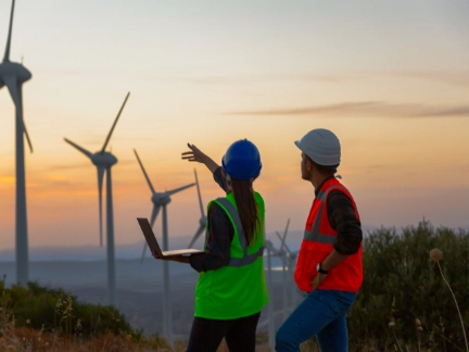 Two energy workers in front of wind turbines